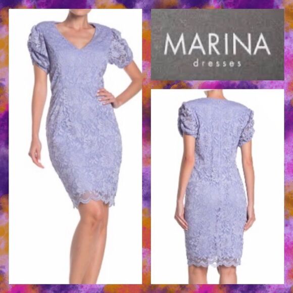 NWT MSRP $149 Marina Short Puff Sleeve Lace Dress Women's Size 8 - Picture 1 of 8